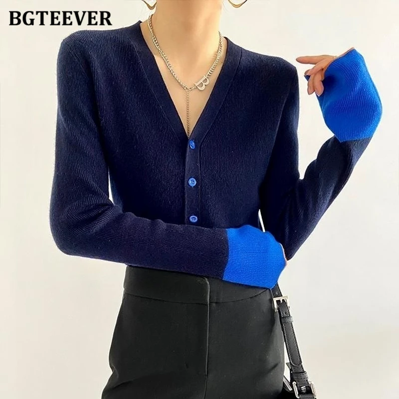 BGTEEVER Autumn Slim V-neck Ladies Knitted Cardigans Stylish Patchwork Long Sleeve Single-breasted Sweaters for Women