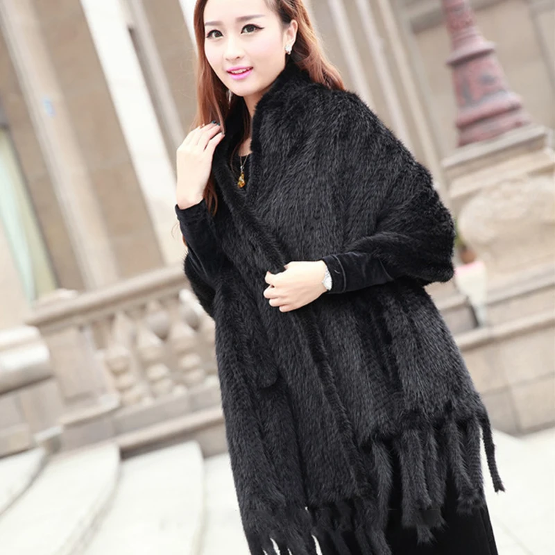 Real Mink Fur Shawl Scarf Women Fashion Fur Poncho Was Knitted With Mink Fur Black Scarves Scarf Long Soft Warm Fur Scarf Shawls