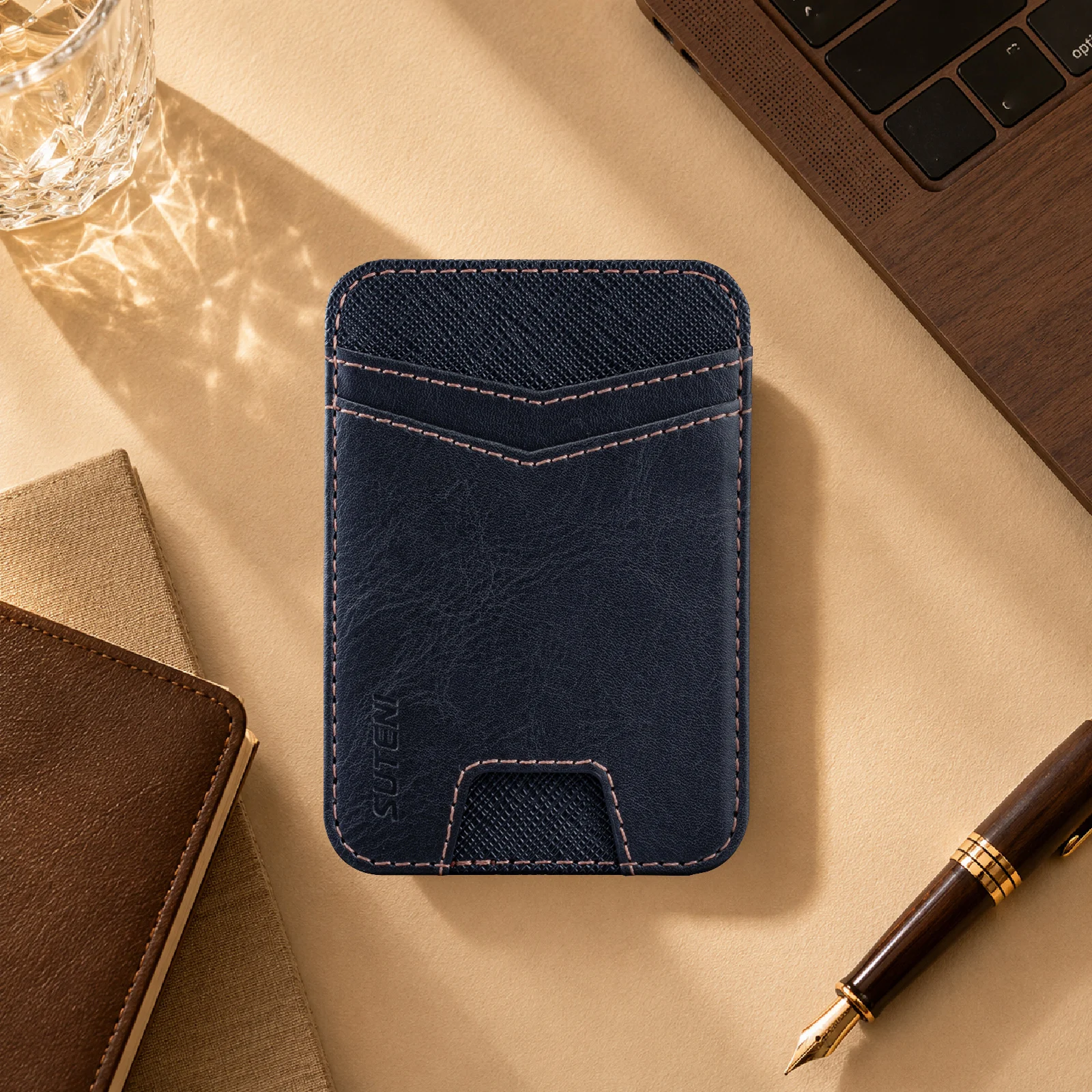 SUTENI Mobile Phone Magnet Pocket Lightweight Card Holder Storage Push Card Hole RFID Anti-skimming Faux Leather Bag Wallet view 3