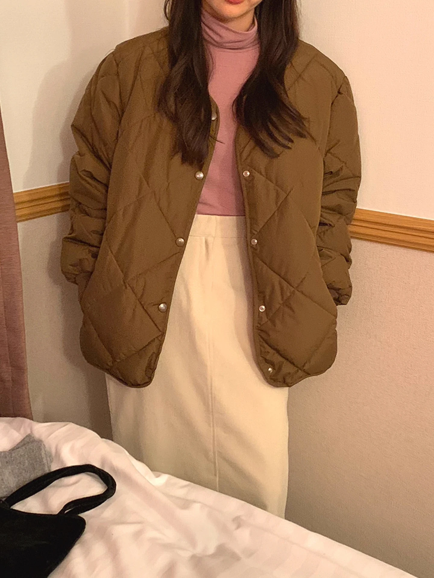 

Retro Simple Diamond Pattern Pure Color Warm Cotton Jaet Women's Loose Casual Cotton Clothes Winter New Sle V-ne Coat