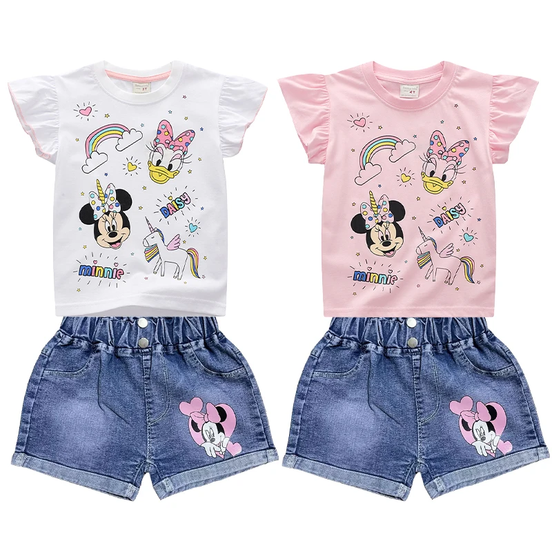 

Новые летние комплекты одежды для маленьких девочек, детская хлопковая футболка с рисунком Минни Маус, джинсовые шорты, 2 шт., детские спортивные костюмы для детей 2-6 лет