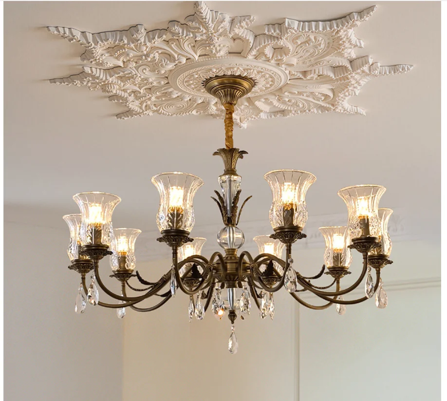 

French-style Copper Chandelier Villa Living Room Hall Light, Bedroom Dining Room Light, American Modern LED Copper Hanging Lamp