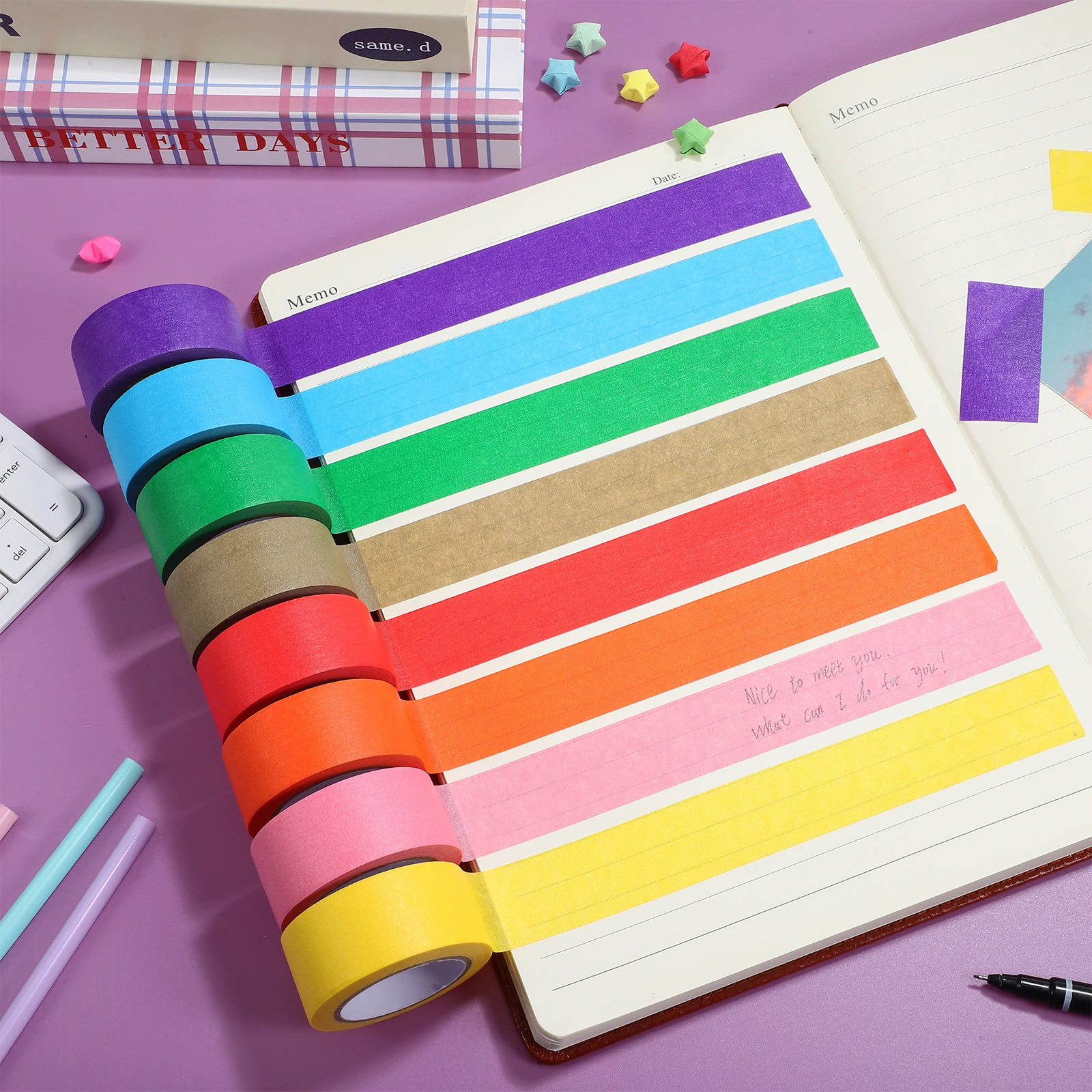 

8 Rolls Colored Masking Tape 8 Colors Red Purple Pink Yellow Blue Green Brown Adhesive DIY Craft Paper Tapes for Painting