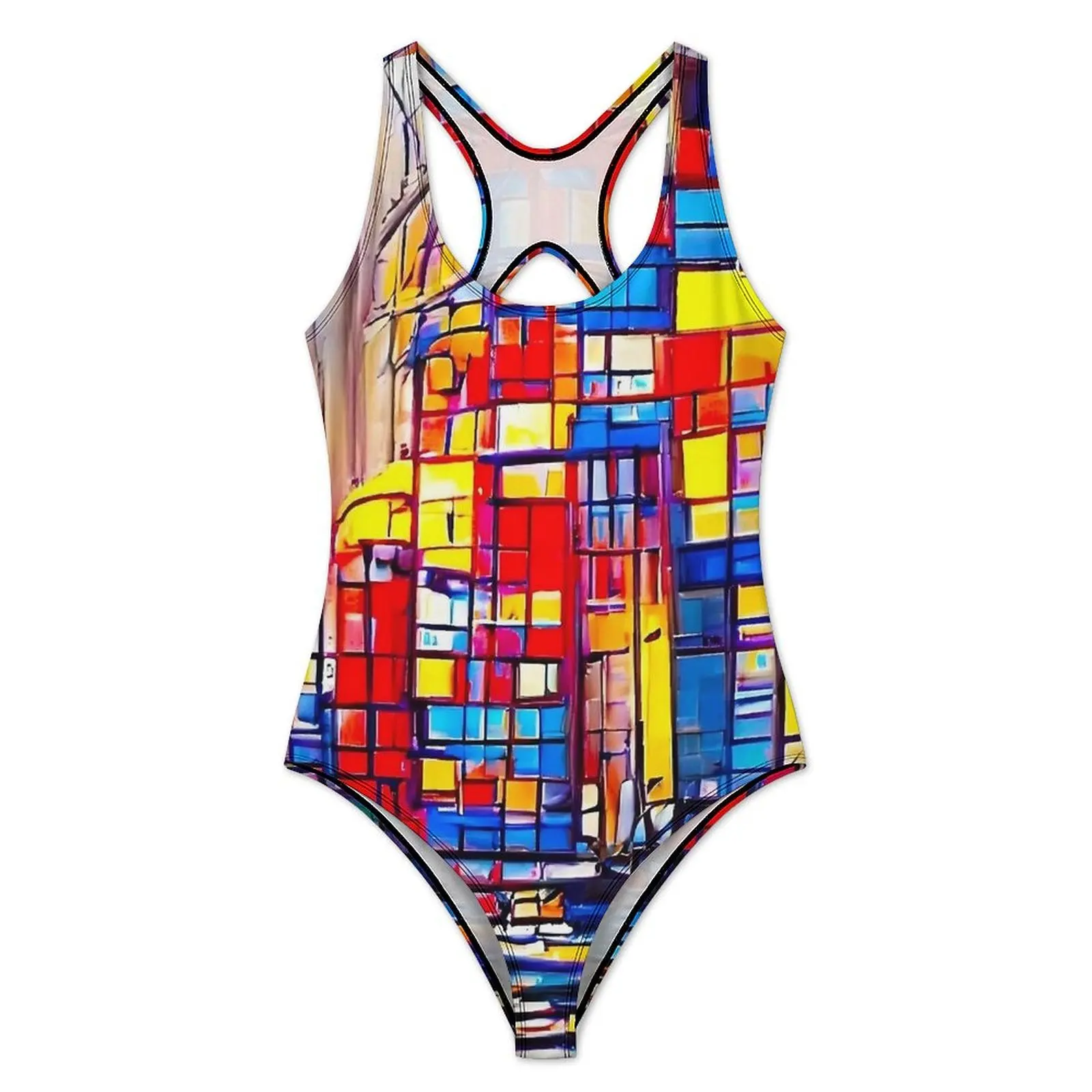 Mondrian Impressionism Swimsuit Swimwear One-Piece Fitness Graphic Swimsuits High Cut Monokini Push Up Sexy Beachwear Present