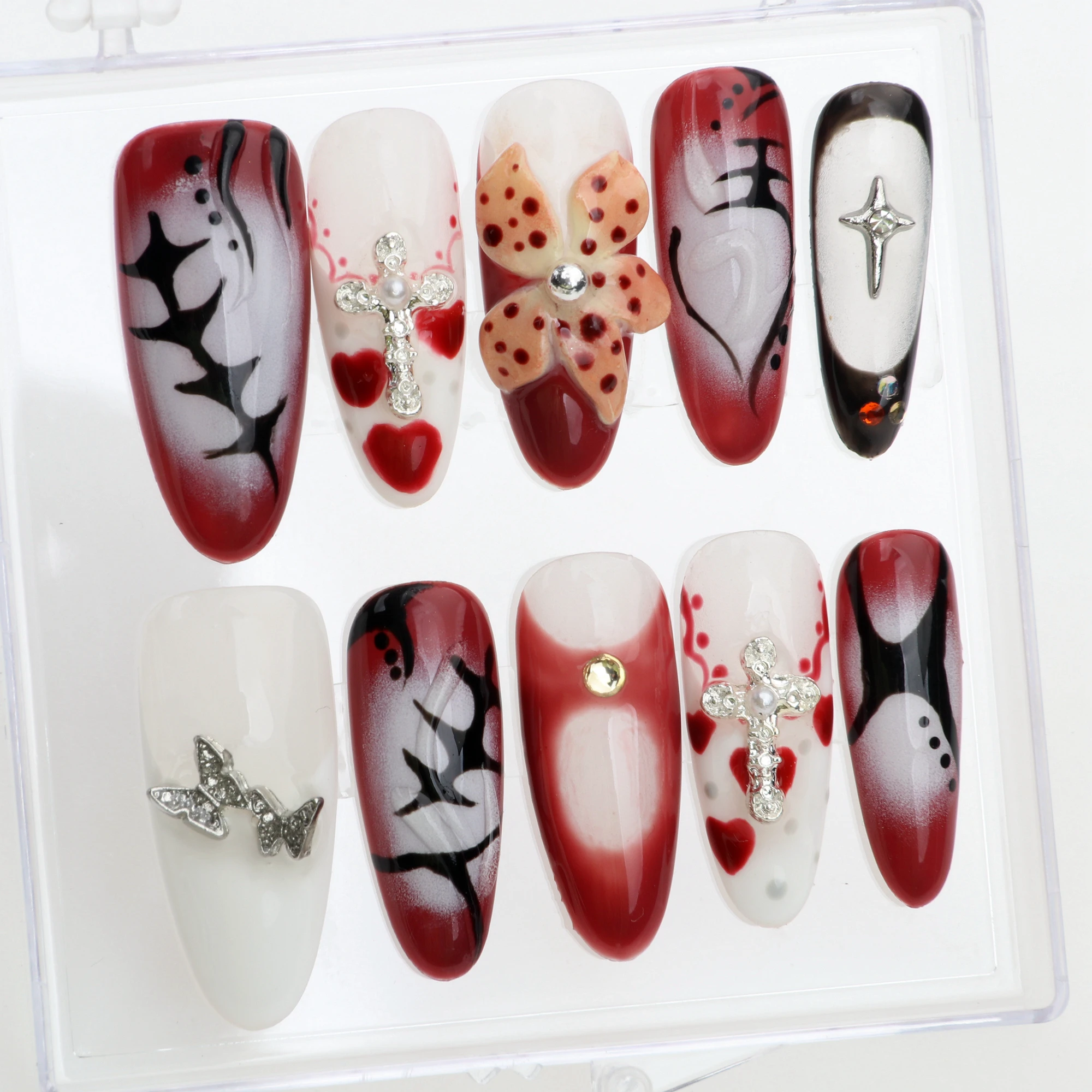 10Pcs Handmade Manicure Long Almond Fake Acrylic Y2k Nails Unique 3D New Cut Flowers Butterfly FreeStyle Cross Press On Nails