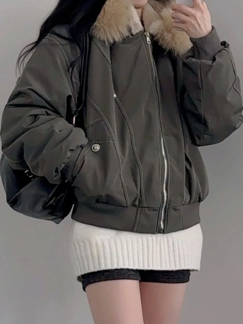 

Korean Faion ort Cotton Jaet Women's Winter New Loose Long Sve Fur Collar Coat American Sle Workwear Coat