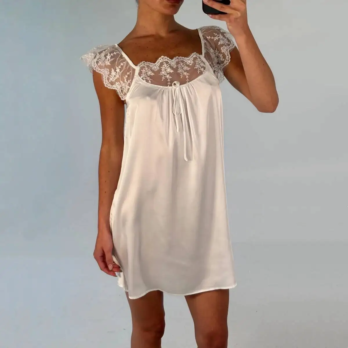 Apprabant feminino renda guarnição casual tanque mini vestido retalhos cetim pescoço quadrado rendas sólido sexy sem costas férias solto vestido de verão