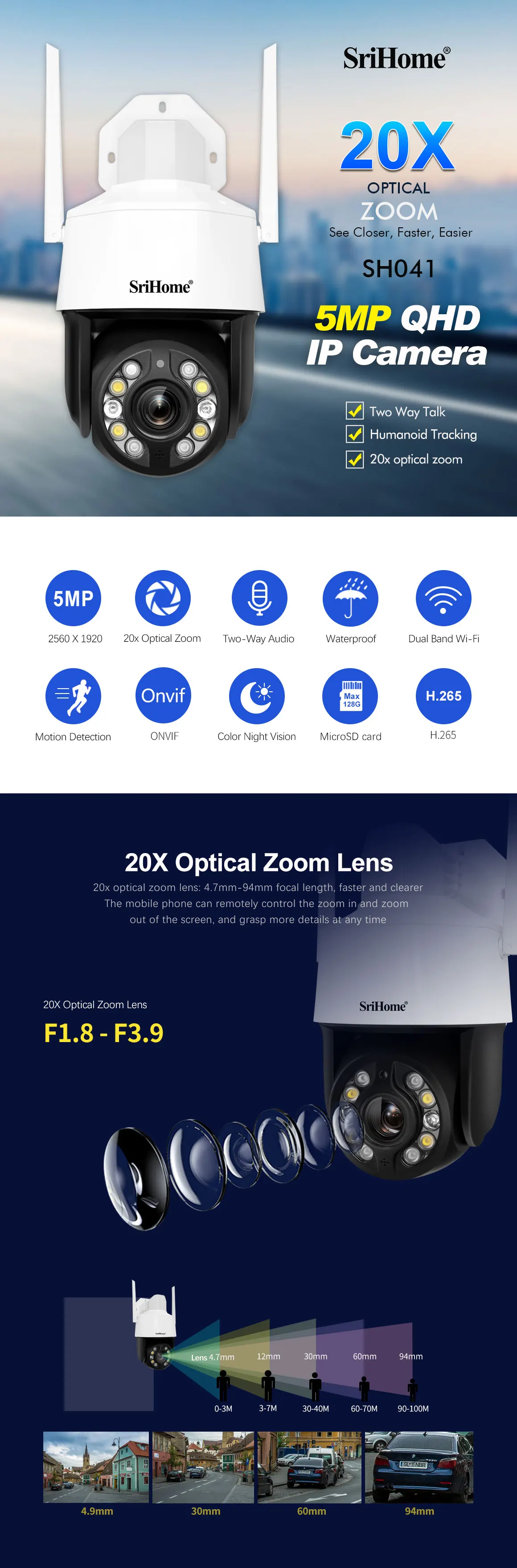 Sricam 5.0MP 20X Optical Zoom 5G Wifi IP Camera Outdoor IP66