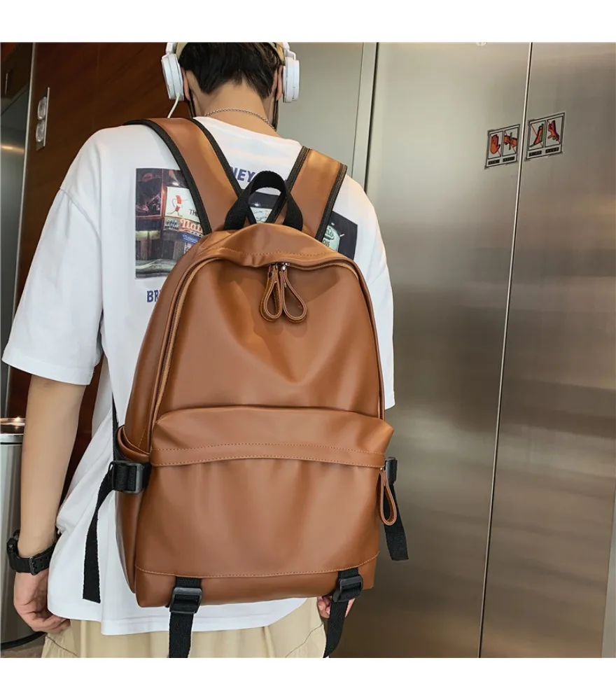 Backpack Men's Fashion Trend Large Capacity PU Backpack High School College Students Junior High School Students Simple