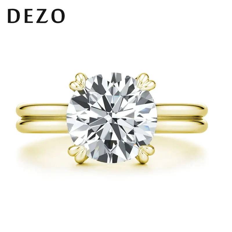 

DEZO 14K Gold Plated Sterling Silver 5ct Round Cut Moissanite Soitaire Engagement Rings For Women Double Bands Wedding Gifts