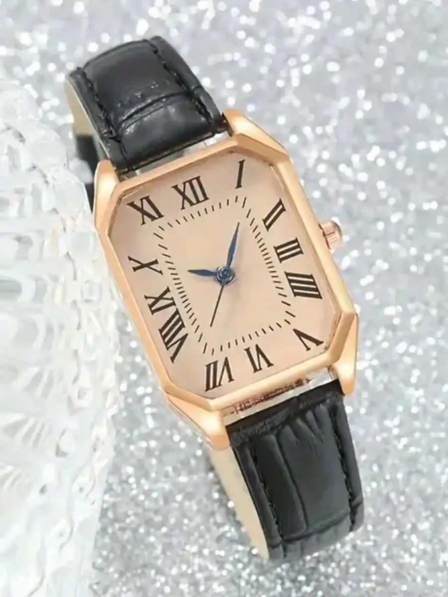 2pcs Vintage Elegant Women's Quartz Watch Set, Includes Black/Brown Crocodile Leather Strap, Rose Gold Case And Retro Oval Dial
