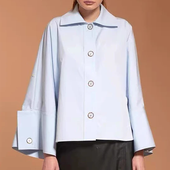 TWOTWINSTYLE Luźne bluzki damskie z guzikami, z klapami, z długim rękawem, minimalistyczne koszule, modny styl damski