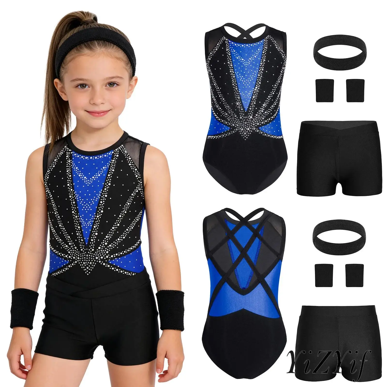 

Girls Artistic Lyrical Dancewear Shiny Rhinestone Ballet Leotard Set for Yoga Gymnastics Figure Skating Performance Bodysuit