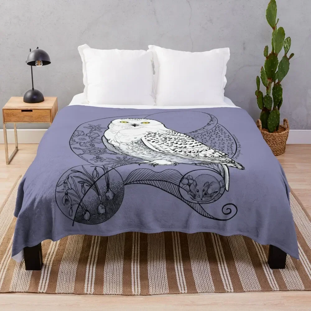 

Snowy Owl Doodle in a wintery scene Throw Blanket warm for winter Quilt Sleeping Bag Camping Blankets