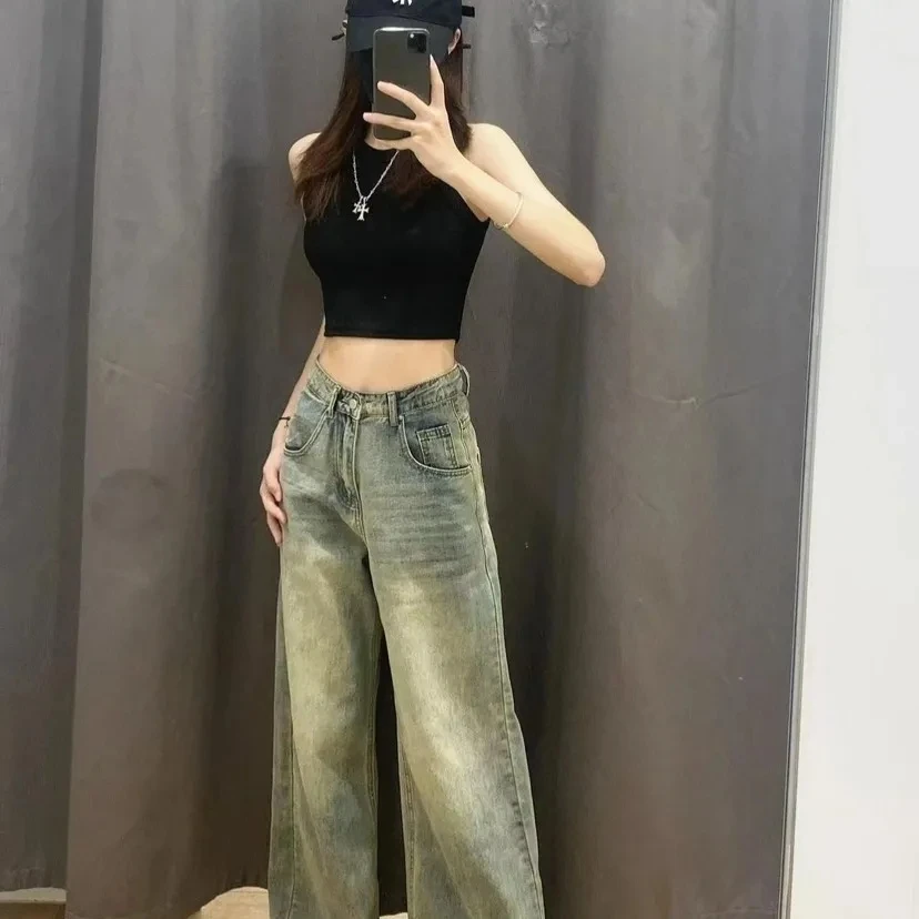 

Womens Highwaisted Jeans Straight Tube Loose Leisure Wide Leg Denim Pants Casual Street Style Gothic Y2K Baggy Trousers
