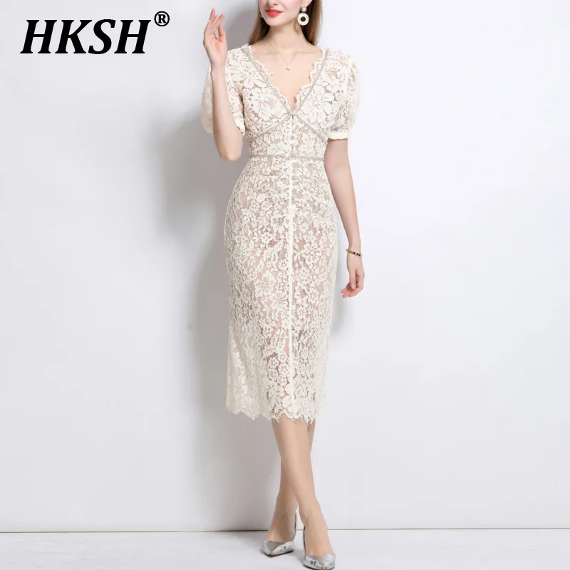 

HKSH Summer New Women's Tide Fashion Elegant Temperament V-neck Short Sleeved Backless Lace Diamonds Waist Slimming Dress HK6355