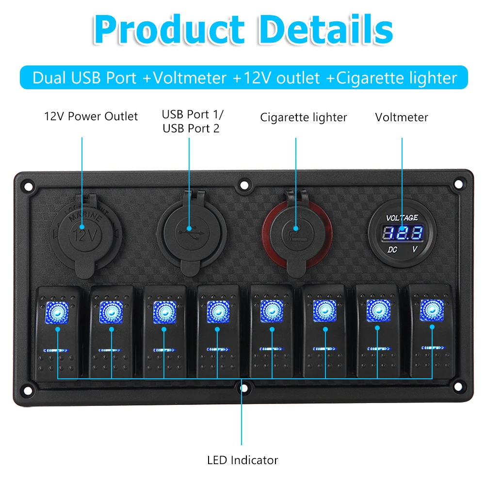 8 Group Marine Rocker Switch Panel Waterproof LED Toggle Switch With Lamp With Fuse Circuit Breaker Protection Control Mounting