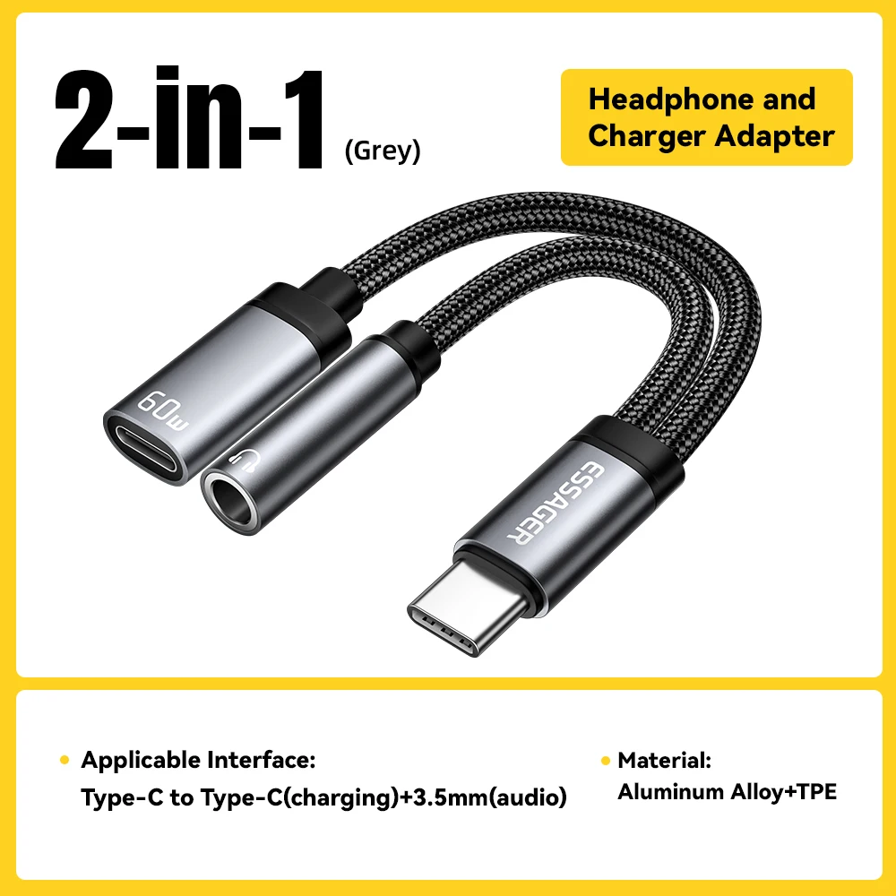 Essager 2-in-1 audio-adapter audiosplitter Type-C naar Type-C naar 3,5 mm PD60W snel opladen hifi-geluid voor iPhone 16 hoofdtelefoonsnoer