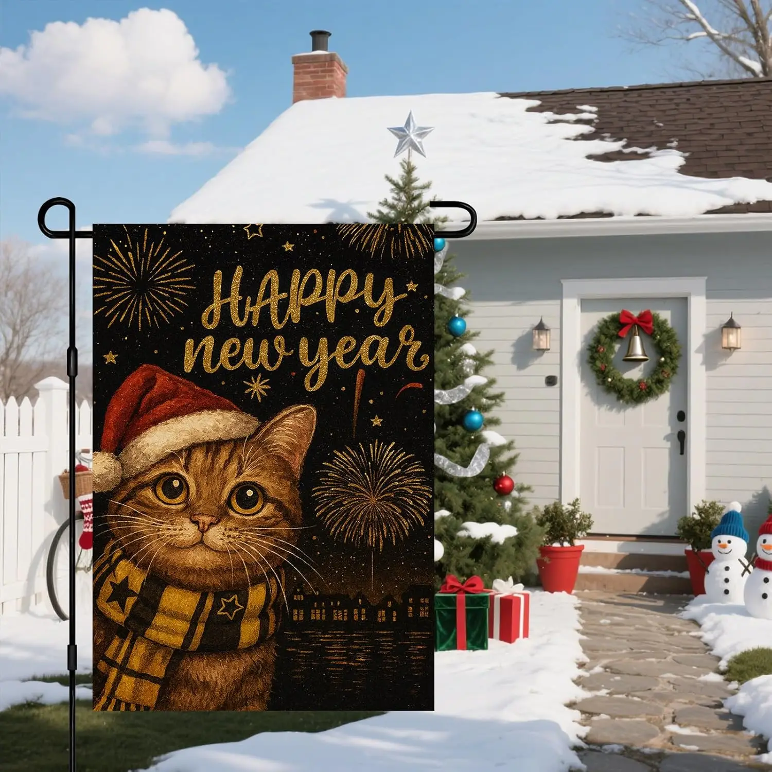 IVN Christmas Cat Happy New Year Garden Flag 12x18 Inch Double Sided Tabby with Santa Hat Holiday Winter Night Scene Pet Wel LLG