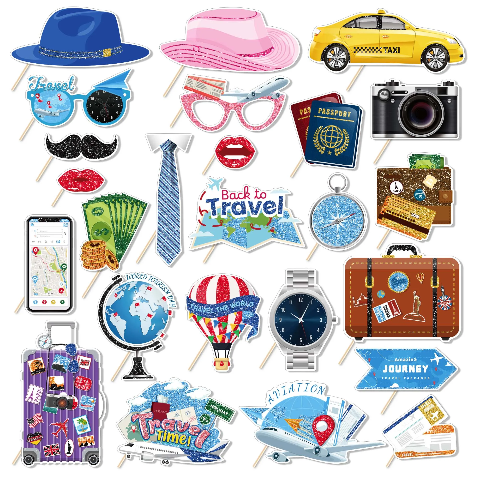 25 stücke Outdoor Reise Themen Photo Booth Requisiten Geburtstag Party Dekoration Gläser Lippen Maske DIY Behandelt Fotografie Prop Liefert