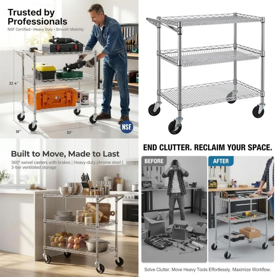 

3 Tier Heavy Duty Commercial Grade Utility Cart, Wire Rolling Cart with Handle Bar, Steel Service Cart with Wheels, Utility Shelf Plant Display Shelf Food Storage Trolley