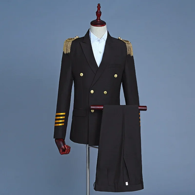 S-4XL Captain Officer Sailor Peacoat Costume Mens Blazer Suit Military Fringe Marching Band Jacket Uniform For Adult Coat+Pants view 6