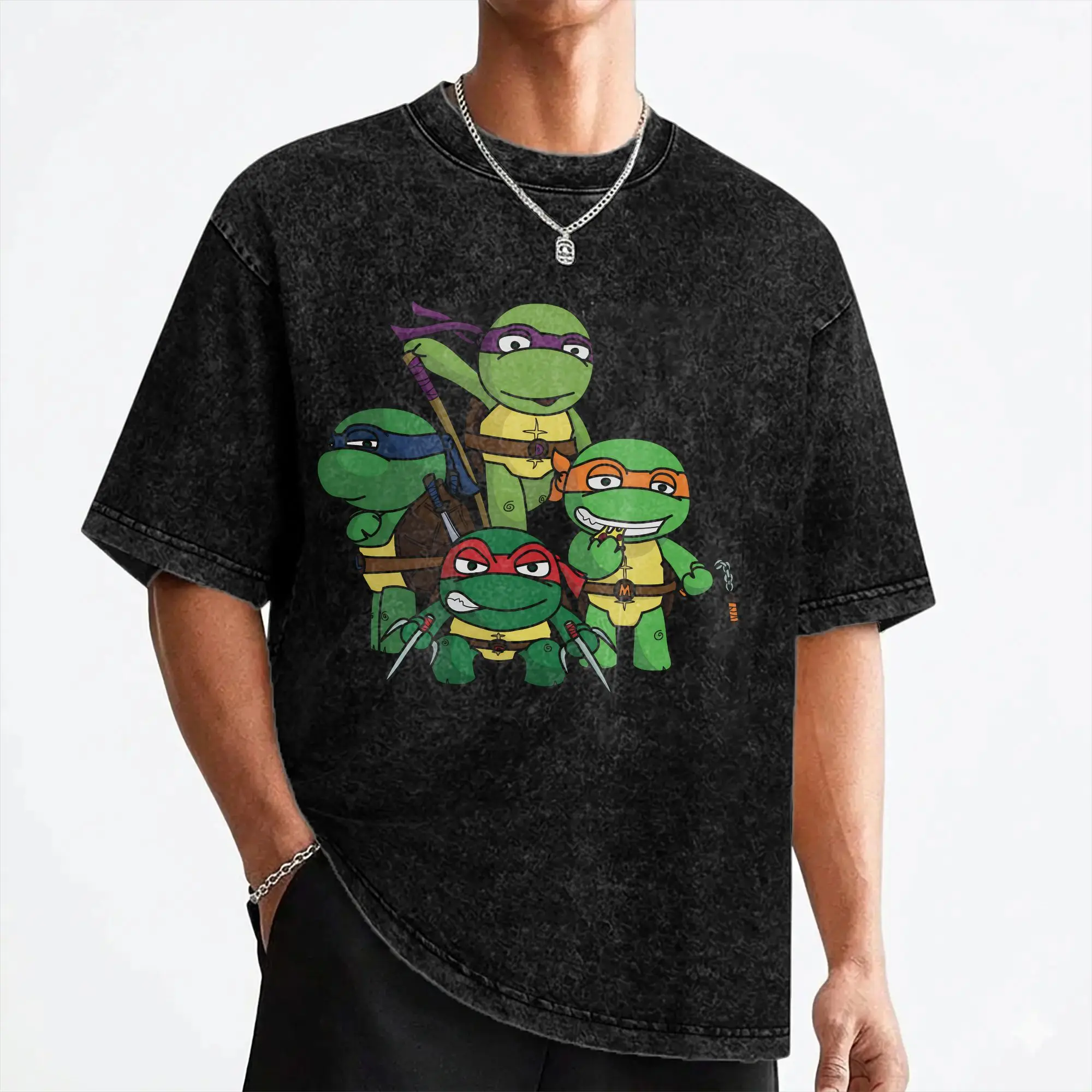 Cartoon Chibi Ninja T-Turtles Washed T Shirts Streetwear Vintage T-Shirts  Tees Men Women 100% Cotton Harajuku Summer