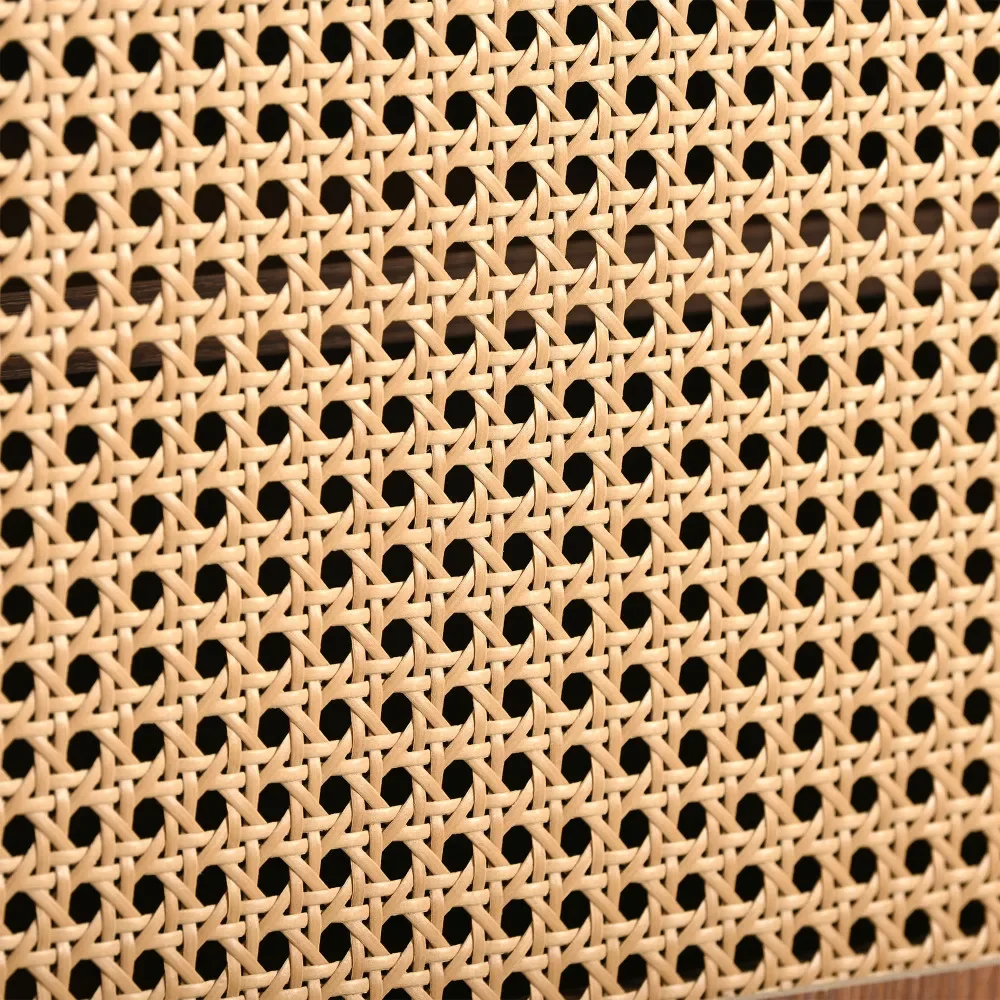 Stilvoller TV-Ständer aus Walnussholz mit 2 Rattan-Schiebetüren und praktischen Schubladen aus dunklem Kunststoff und Rattan – Detail 23