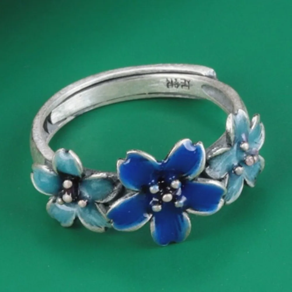 

Real Solid 925 Sterling Silver Band Women Gift Lucky Enamel Blue Flower Ring 3.1g