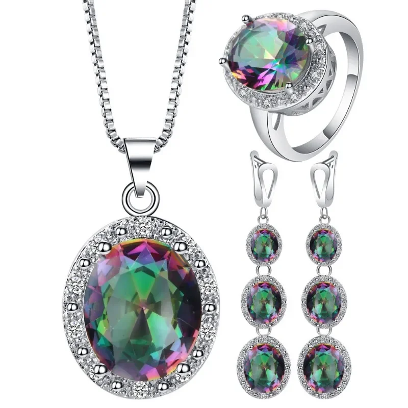 Luxury Colorful Cubic Zirconia Earrings Necklace Ring Fashion Wedding Three Piece Jewelry Set Exquisite Temperament Gift