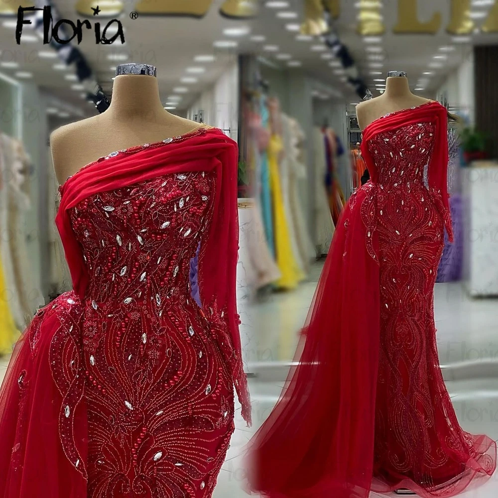 Long Red Formal Evening Dress Luxury 2024 Prom Party Gowns Handmade Crystals Beaded Mermaid Women Robe de Mariée Custom Made