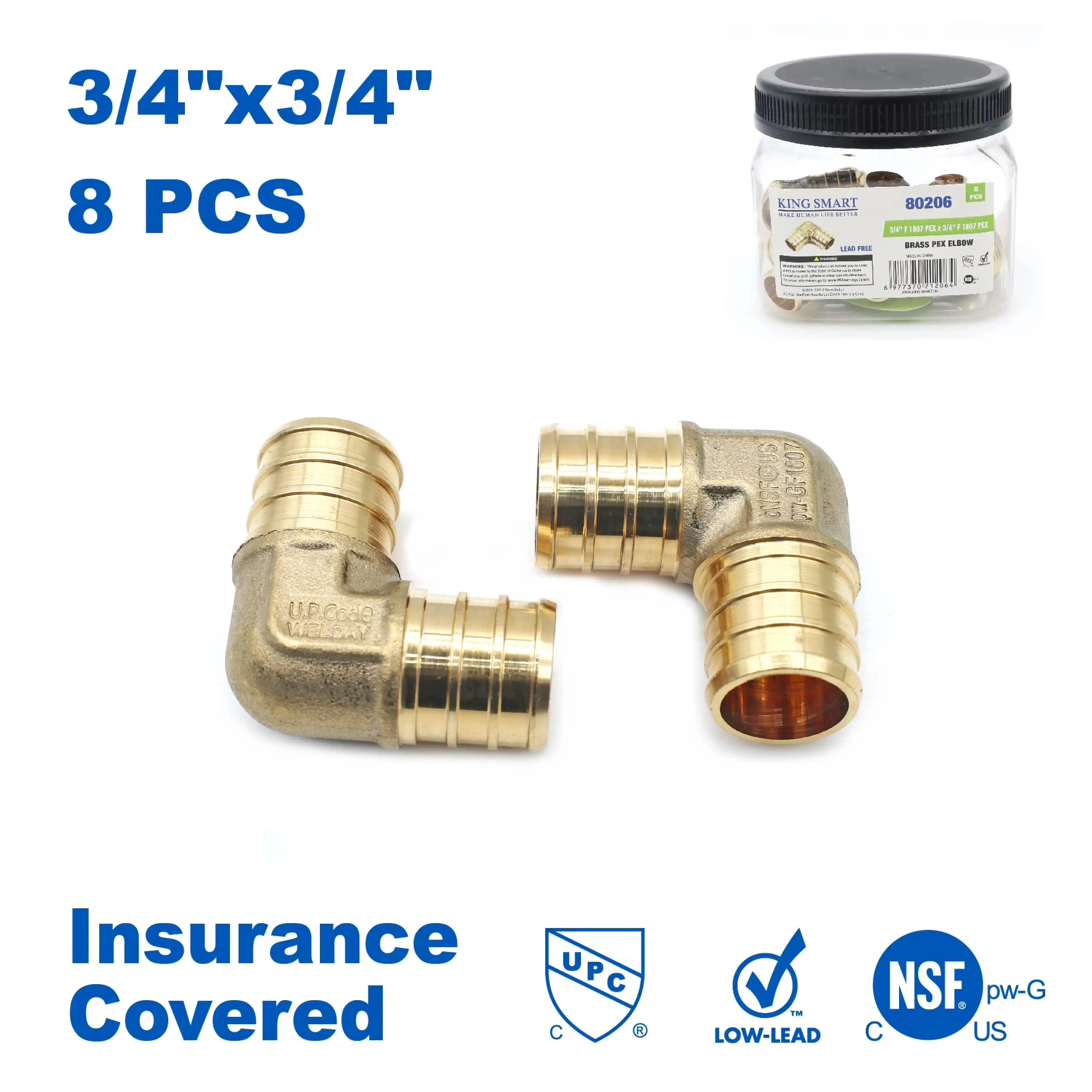 

KING SMART 3/4" Crimp/F1807 PEX Elbow;Suitable for PEX B/C, PERT Pipe Installation; Lead Free Brass; 8Pcs/Case; 80206