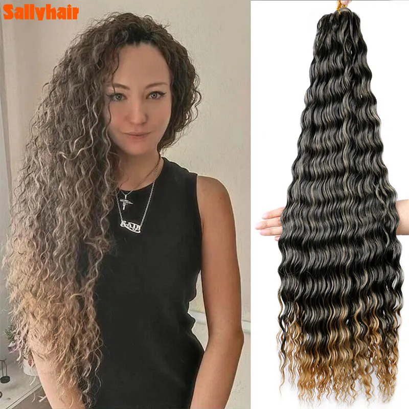 Sallyhair 32Inch Synthetic Deep Wave Twist Ocean Wave Crochet Hair Afro Curls Ombre Braiding Hair Extensions For Women