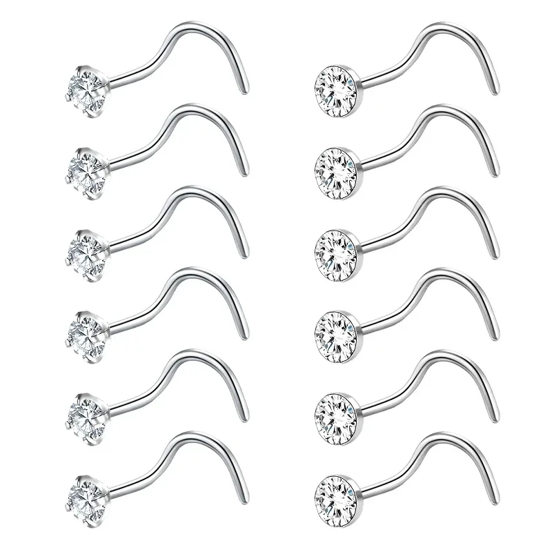 12PCS Fashion Stainless Steel Crystal Nose Septum Piercing Studs Mini Nose Ring Earrings Studs Body Piering Jewelry for Women