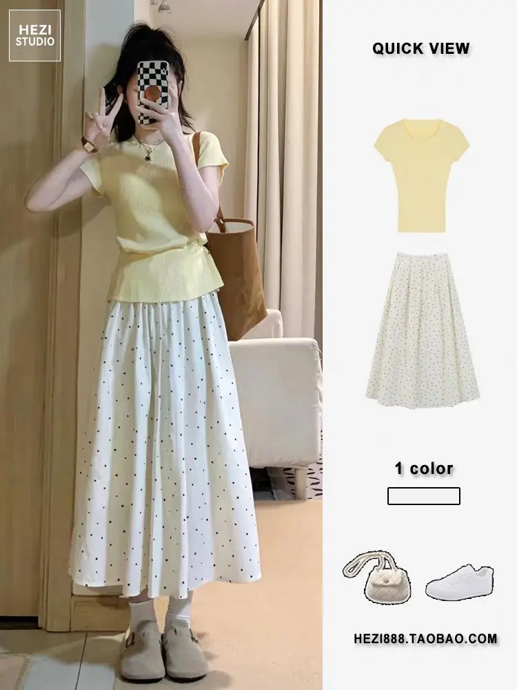 

Женский летний костюм Ele White Polka Dot ter Ne Dr 2025: облегающая юбка и топ с круглым вырезом