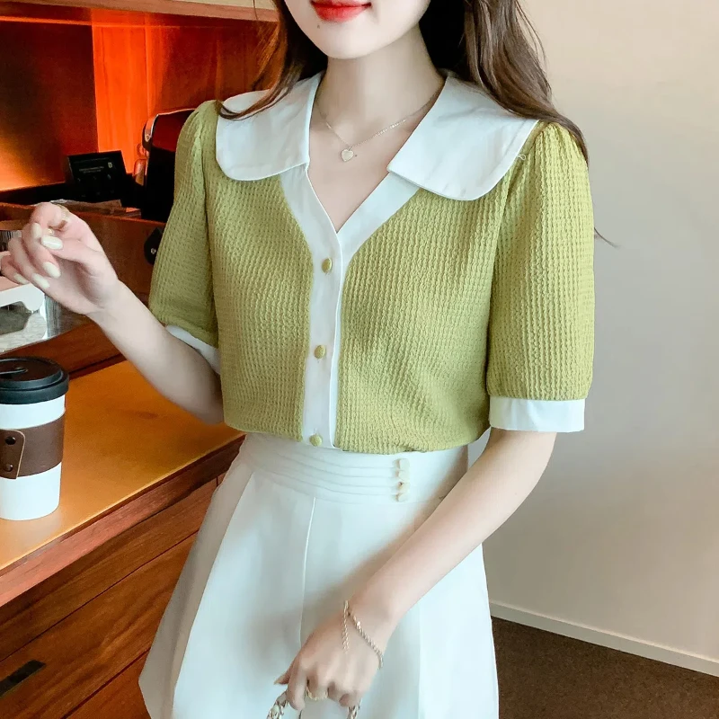 Fashion Contrast Button Shirt Tops Summer New Short Sleeve All-match Youth Solid Sweet T Shirts Elegant Korean Women Clothing