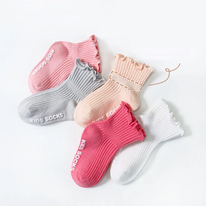 3 Pairs Cute Baby Girls Toddlers Pure Cotton Socks Set Non Slip Anti Skid Floor Walking Kids Child Solid Color Short Socks