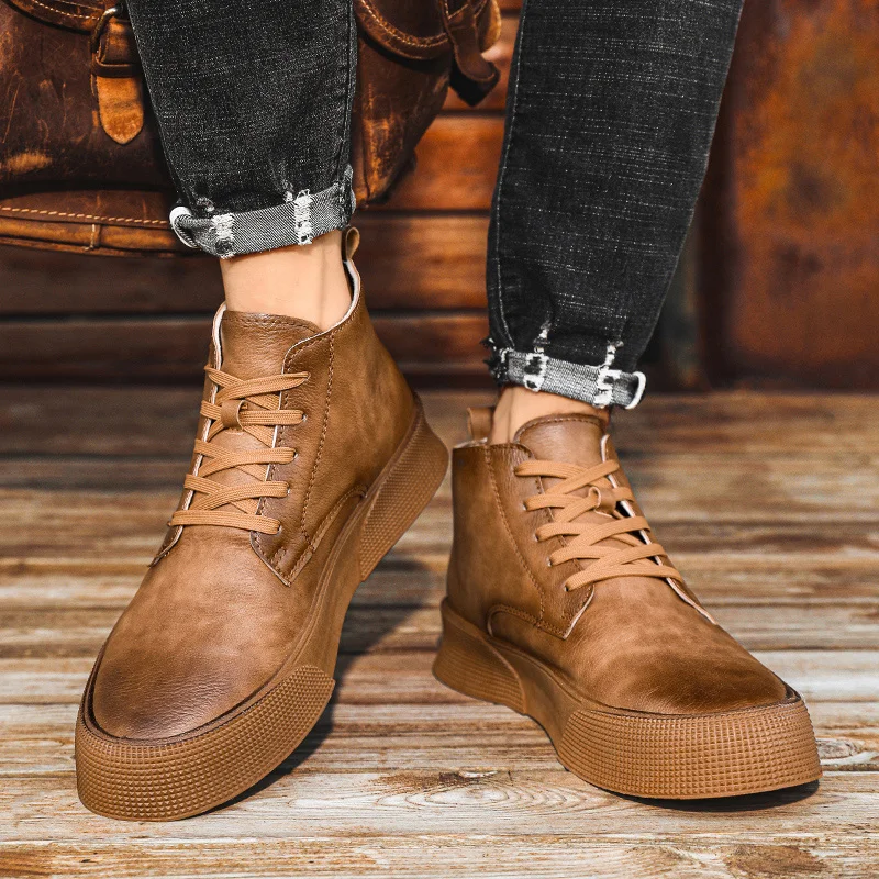 Spring and Autumn Men\'s Ankle Boots High Top Solid Color Leather Sports Motorcycle Boots Work Boots Thick Bottom Skateboarding