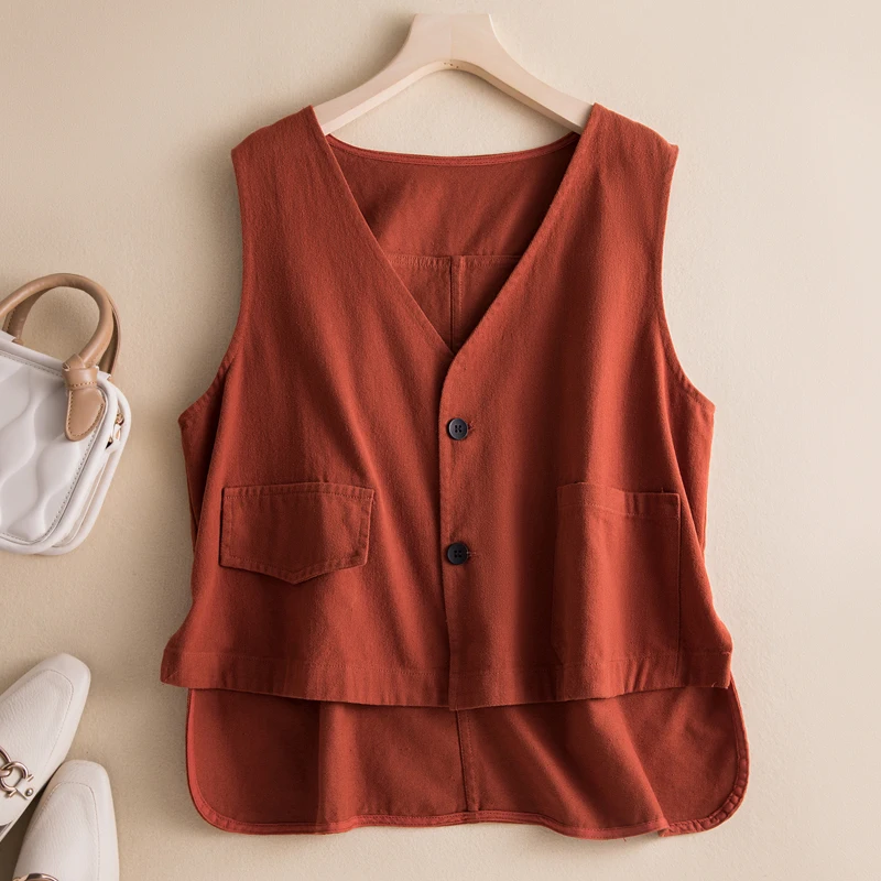 Retro cor pura diagonal algodão ort colete jaet solto v-ne irregular oulder topo para plus size feminino outono faion