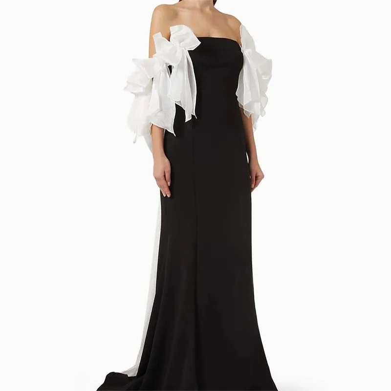 Fashion Black&White Contrast Prom Dress Strapless Bow Cocktail Party Dress Sleeveless Floor-Length Evening Dress