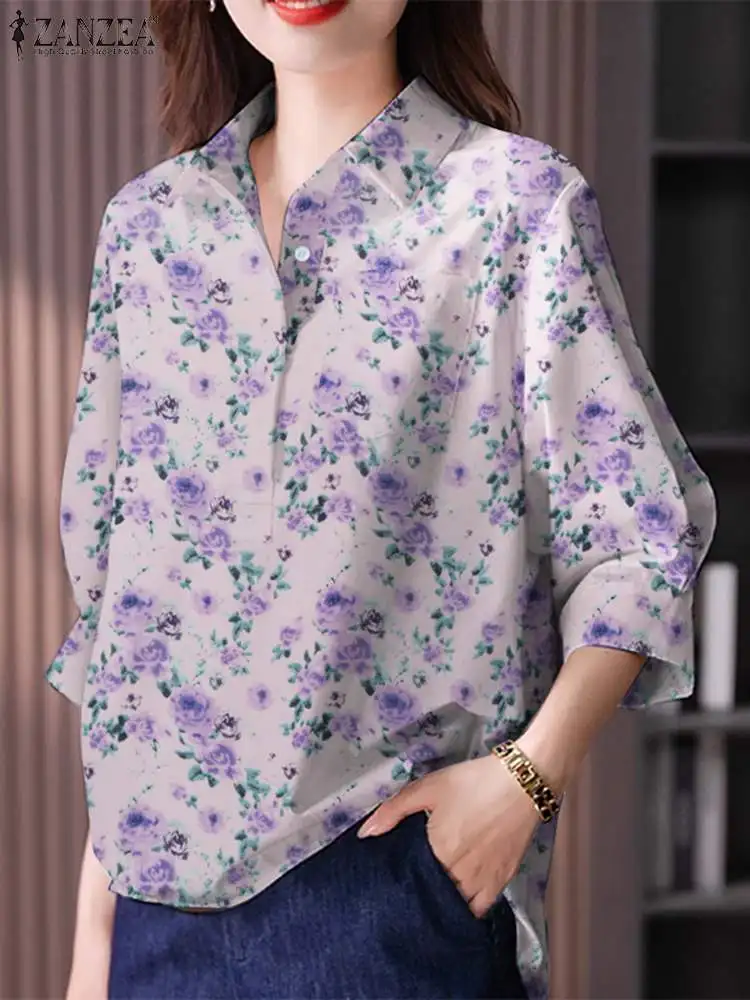 ZANZEA 2024 Women Summer Shirt Lapel Neck 3/4 Sleeve Blouse Elegant Floral Printed Tops Casual Bohemian Party Work Blusas Mujer