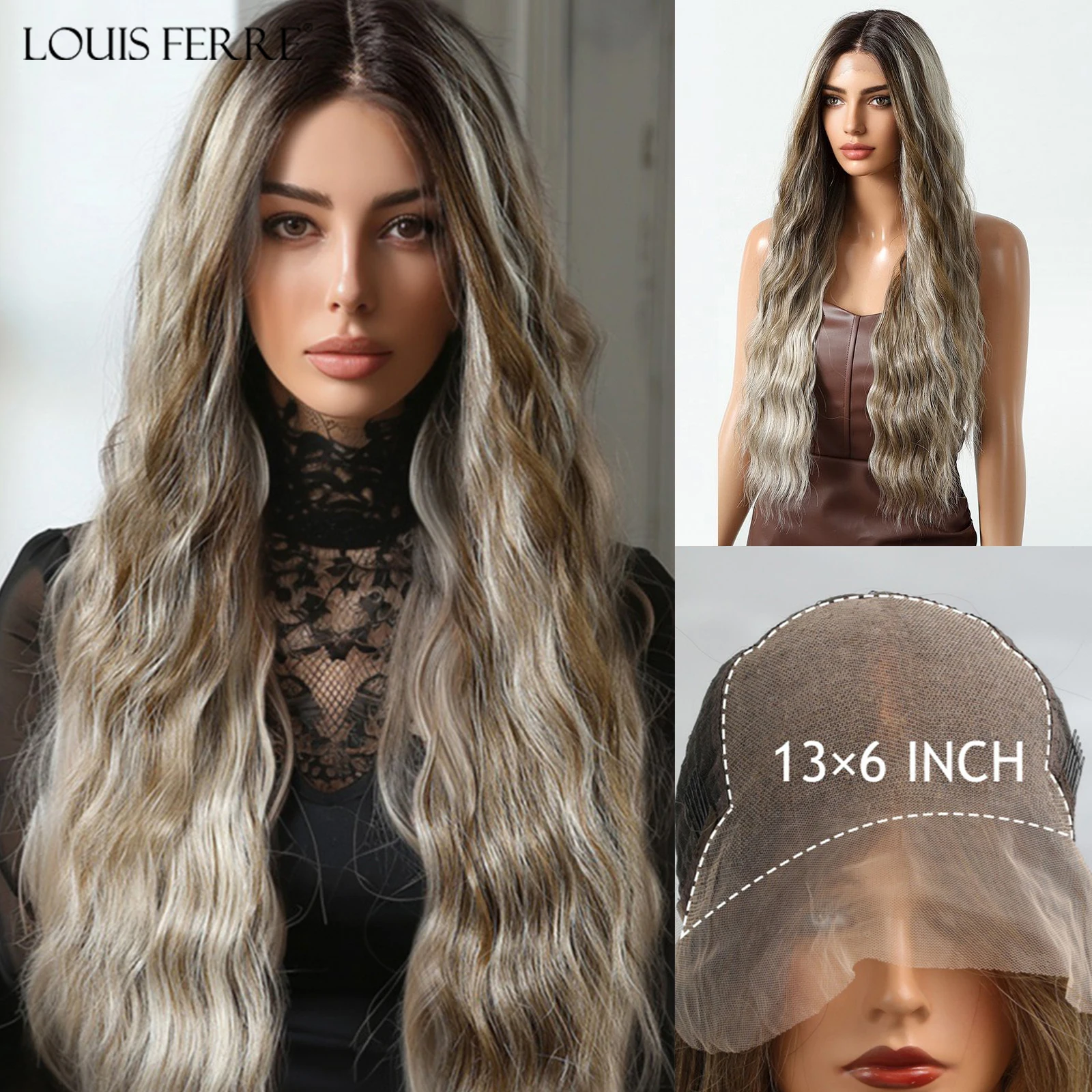 30in Mixed Brown Blonde Highlights Synthetic Wigs 13*6 Lace Frontal Wig for Women Free Part Long Wavy Natural Hair Daily Futura