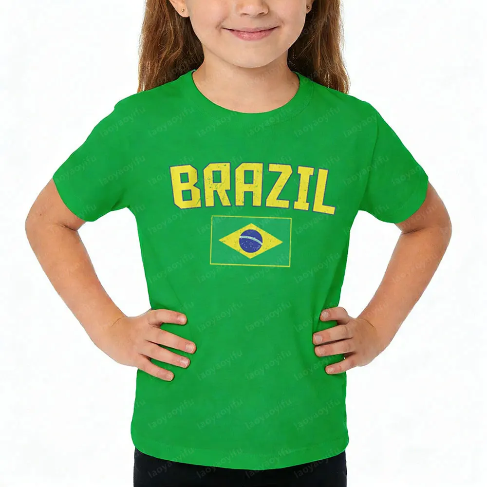 Brasilien-Flagge im Retro-Stil Grafik-Kinderhemd für Jungen und Mädchen Sommer Baumwolle Kurzarm Kleiner Fußball-Fan Lässige Alltagskleidung