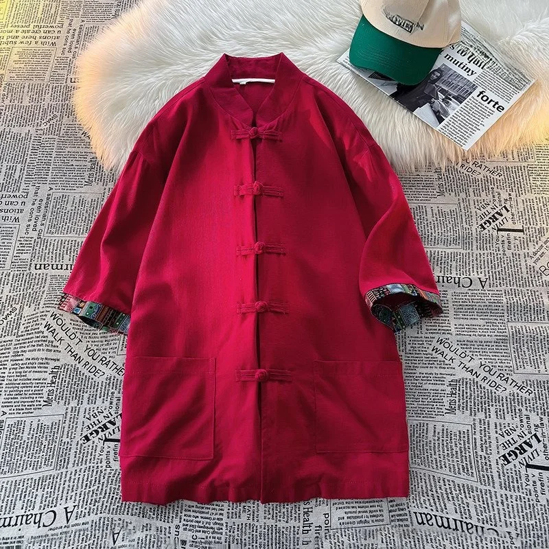 

New Chinese Sle Men's Cotton Linen irt Jaet Spliced Color Patchwork Button Loose Fit ort Sve Geometric Pattern