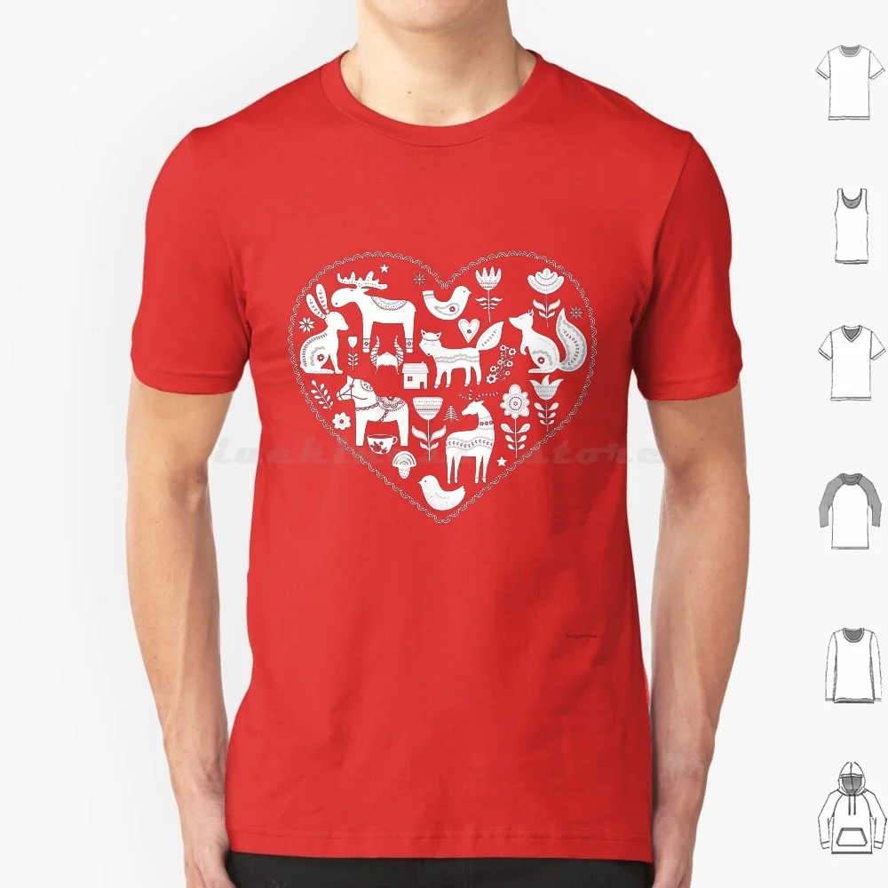 Nordic Scandinavian Art Heart Dala Horse Folk Art Flowers T Shirt 6xl Cotton Cool Tee Nordic Scandinavian Art Heart Dala Horse