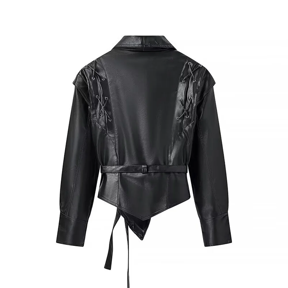 UNIZER's new women's fashion casual versatile retro belt decoration long sleeved single breasted leather jacket