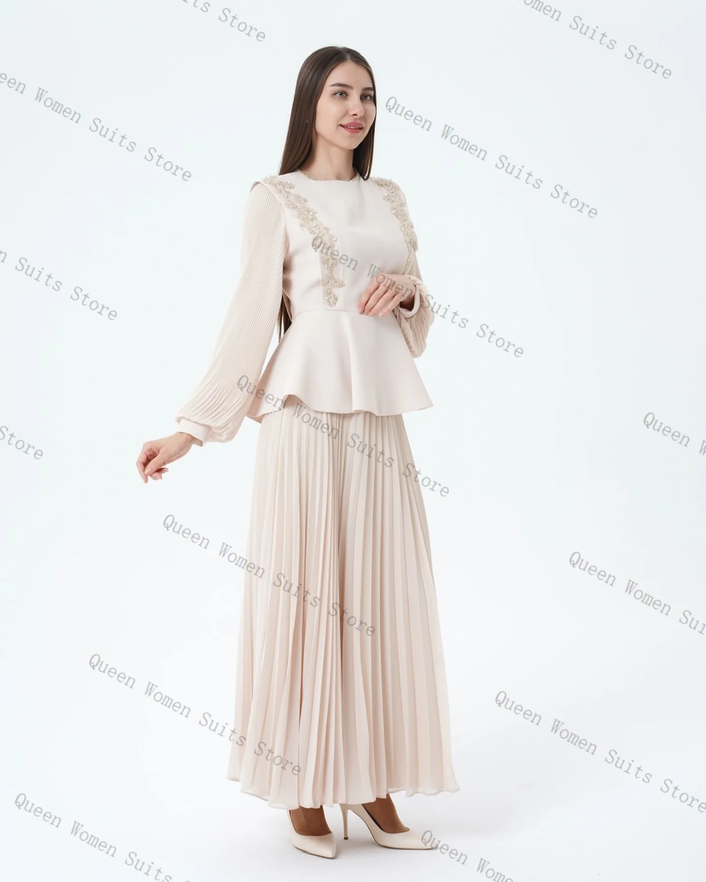 

Beige Women Suit Skirt Set 2 Piece Crystals Blazer+Prom Dress Formal Office Lady Jacket Autumn Wedding Guest Coat Customized