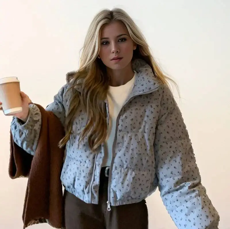 Floral Print Female's Winter Parka Jacket Color Blocked Stand Collar Elastic Hem Zipper Women's Korean-Style Coat For Lady