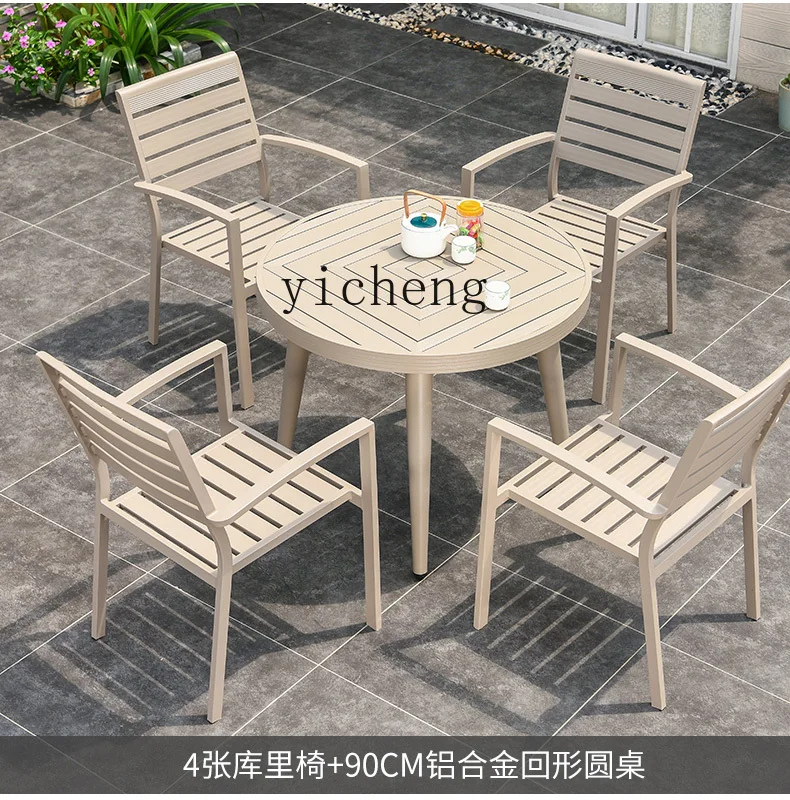 ZF Outdoor Desk-Chair Courtyard Garden Aluminum Alloy Table Champagne Aluminum Alloy Occasional Table and Chair