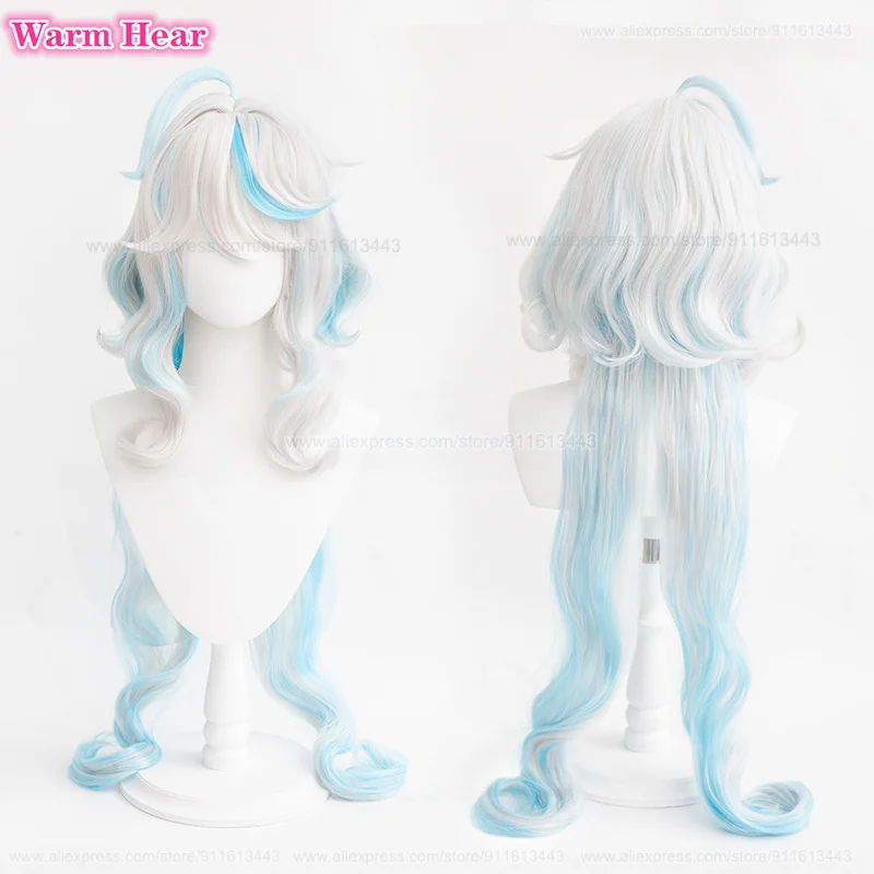 Fontain Furina Synthetic Wig Anime Long 100cm Cruly Silver White Blue Focalors Cosplay Anime Wigs Heat Resistant Wig + A Wig Cap